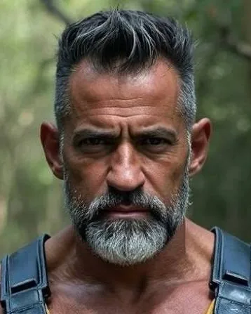 Vinicio Antony, de barba grisalha e alças escuras nos ombros, olhando sério para a câmera numa mata